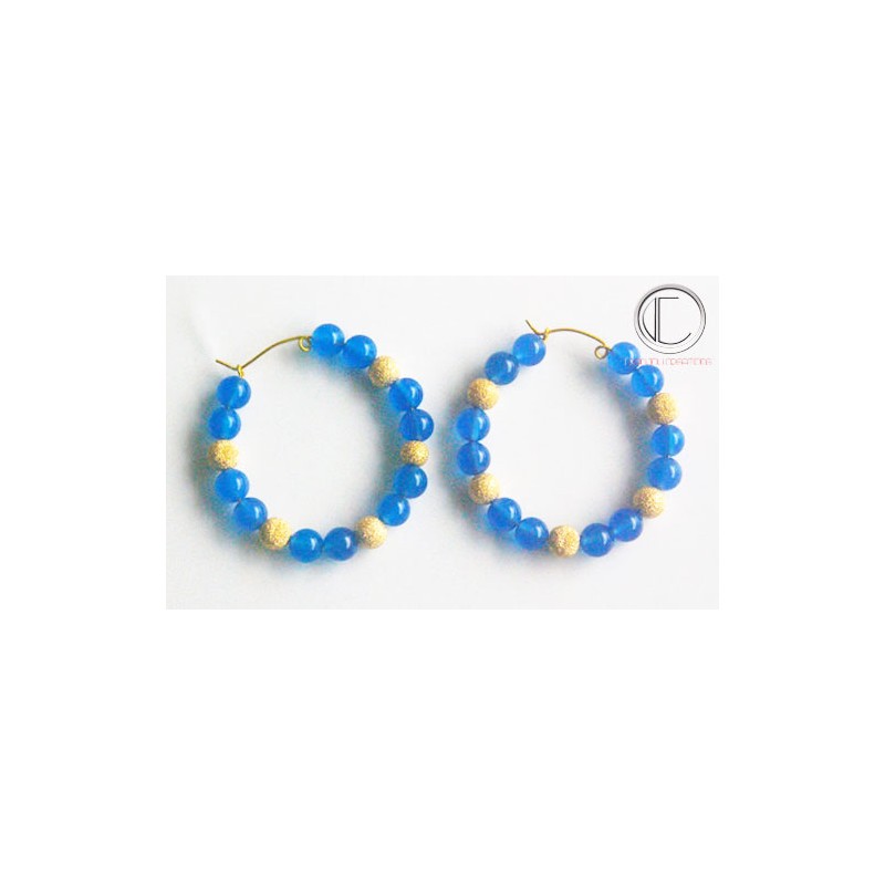 Boucles  Créoles  AGAHTE BLEU.ALTERNEES BOULES OR .Or 750/1000.